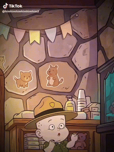 Baby In Ranger Hat In Front Of Wall With Animals GIF