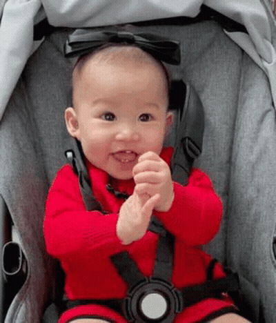 Baby In Stroller With Red Sweater And Bow GIF