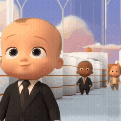 Baby In Suit Standing Next To Two Babies GIF
