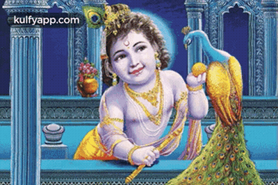 Niño Krishna con pavo real GIF
