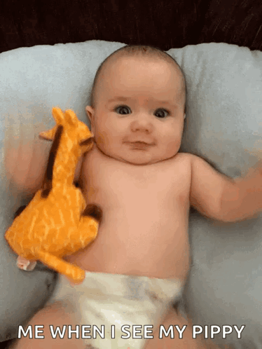 Baby Laying On Pillow Holding Stuffed Giraffe Me When I See My Pippy GIF