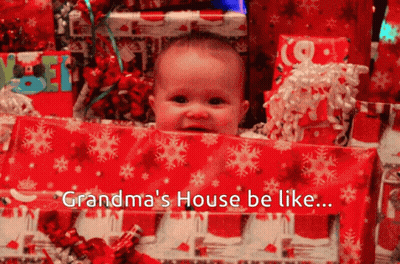 Baby Peeking Out Of Christmas Presents Grandma's House Be Like GIF