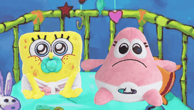 Baby SpongeBob And Baby Patrick Star Sitting On Bed GIF