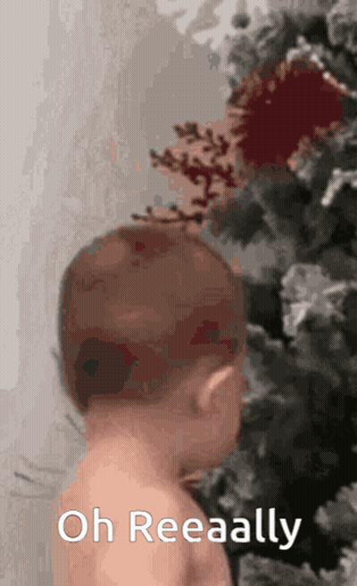 Baby Standing Before Christmas Tree With Oh Reeally GIF