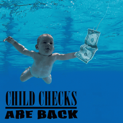 Baby Swimming With Dollar Bill Saying Child Checks Are Back GIF