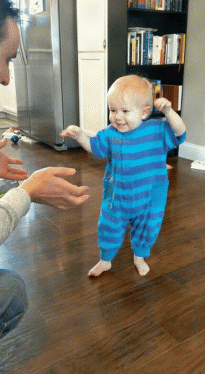 Baby Walking In Blue And Purple Striped Outfit GIF