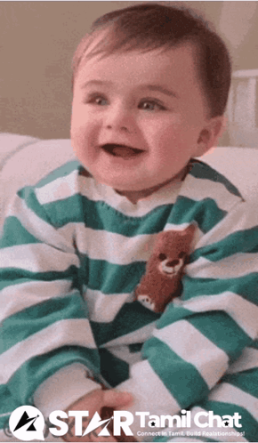 Baby Wearing Green And White Striped Shirt With Teddy Bear GIF