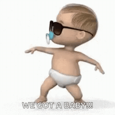 Baby Wearing Sunglasses And Pacifier Dancing Saying We Got A Baby GIF