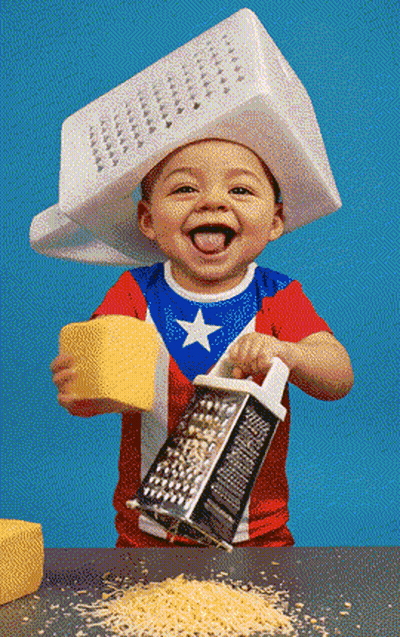 Baby With Grater On Head Holding Cheese GIF