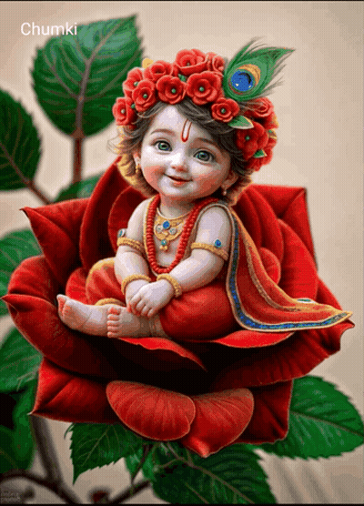 Baby With Peacock Feather On Rose GIF