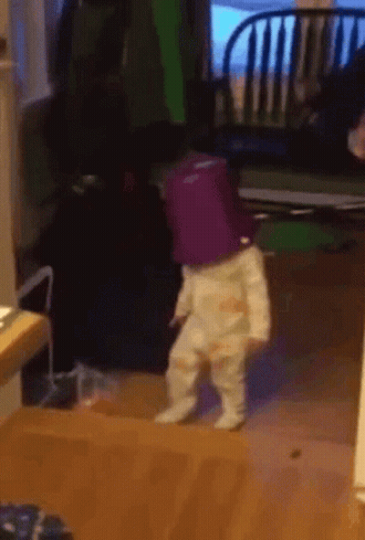 Baby With Purple Bucket On Head GIF