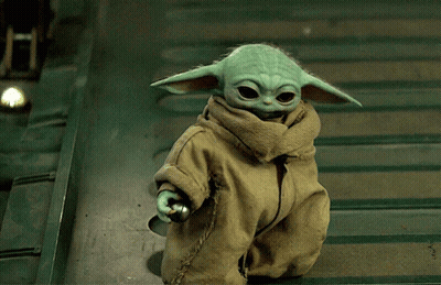 Baby Yoda Doll Standing On Staircase GIF