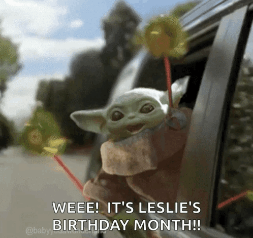 Baby Yoda Holding Lollipop Says Leslie's Birthday Month GIF