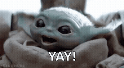 Baby Yoda Laying in Blanket Saying Yay