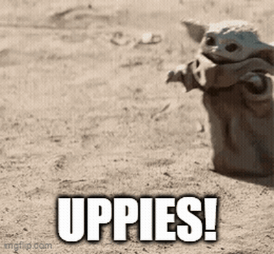 Baby Yoda Standing In Sand Saying Uppies GIF