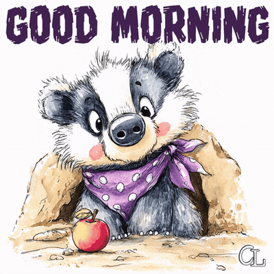 Badger in Purple Scarf With Apple Saying Good Morning