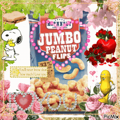 Bag Of Jumbo Peanut Flips Surrounded By Flowers GIF