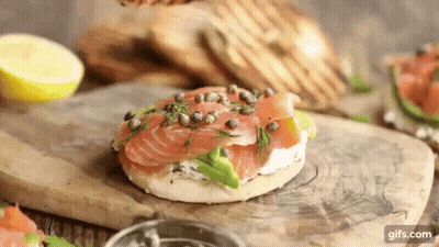 Bagel With Smoked Salmon, Capers, Avocado, And Cream Cheese GIF