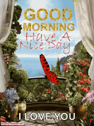 Balcony With Flowers And Butterfly Saying Good Morning GIF