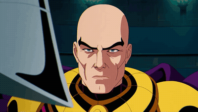 Bald Cartoon Character In Yellow And Black Suit GIF