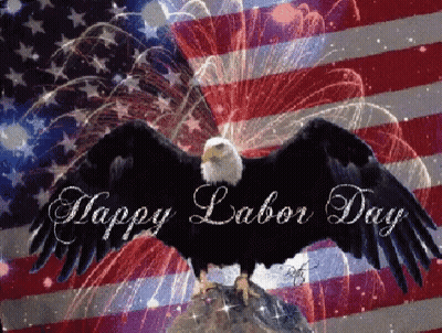 Bald Eagle on Rock With American Flag Fireworks Happy Labor Day