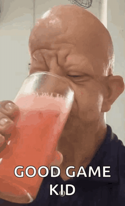 Bald Man Drinking Red Liquid Saying Good Game Kid GIF