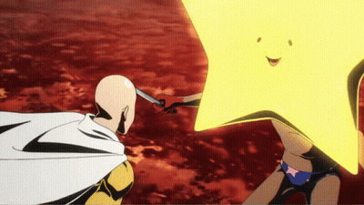 Bald Man Holding Sword In Front Of Smiling Star GIF