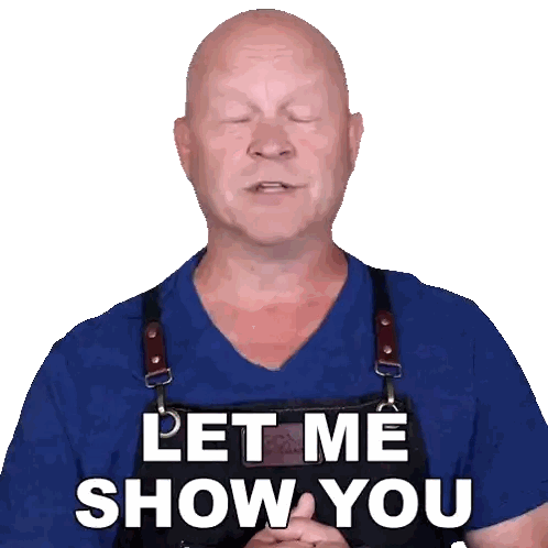Bald Man In Blue Shirt And Apron Says Let Me Show You Sticker
