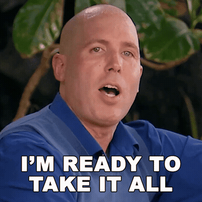 Bald Man In Blue Shirt Saying I'm Ready To Take It All GIF