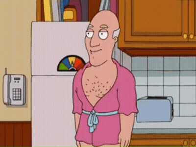 Bald Man in Pink Robe in Kitchen