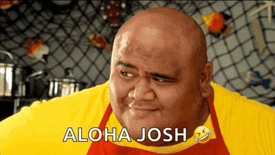 Bald Man In Yellow Shirt And Red Apron Says Aloha Josh GIF