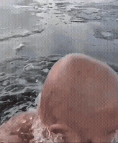 Bald Man Swimming With Ice On Head GIF