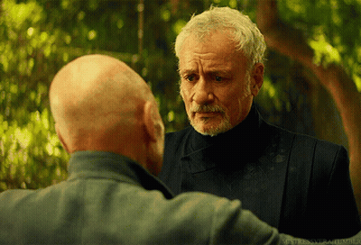 Bald Man With Beard Talking To Another Bald Man In Forest GIF