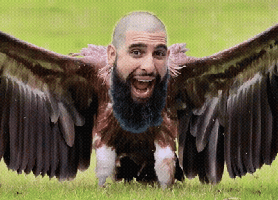 Bald Man With Beard Transforming Into Bird GIF