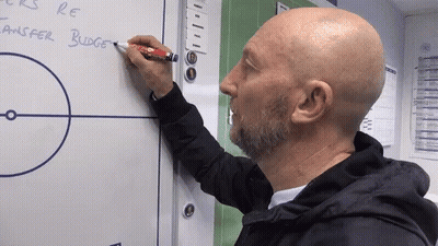 Bald Man With Beard Writing Transfer Budget On Whiteboard GIF