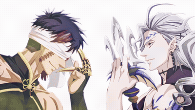 Bandaged Man Looking At Man With Sword GIF