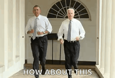 Barack Obama And Joe Biden Are Running Down A Hallway Together . GIF