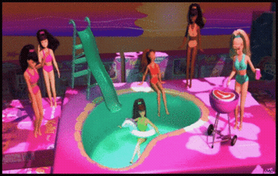 Barbie Dolls Playing In Pool With Slide And Grill GIF
