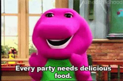 Barney From Sesame Street Is Smiling And Saying Every Party Needs Delicious Food . GIF