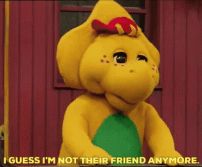 Barney Mascot Says I Guess I'm Not Their Friend Anymore GIF