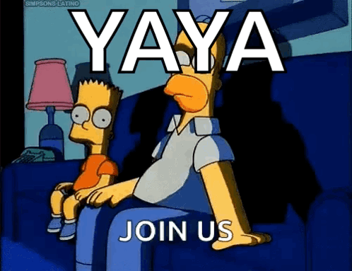 Bart Simpson And Homer Simpson Are Sitting On A Couch With The Words " Yaya Join Us " On The Screen GIF