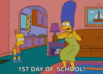 Bart Simpson And Marge Simpson In A Living Room With The Words 1St Day Of School Written On The Bottom GIF
