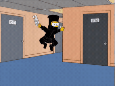 Bart Simpson In A Ninja Costume Is Flying Through A Hallway With 1570 And 1571 Doors GIF