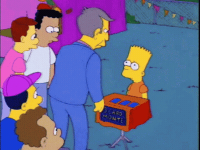 Bart Simpson In Front Of Box Saying 3 Card Monte GIF