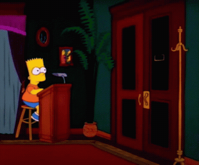 Bart Simpson Is Giving A Speech At A Podium While Mr. Simpson Is Standing In Front Of A Door GIF