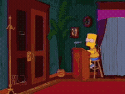 Bart Simpson Is Sitting At A Podium In A Room With A Man In A Hat Standing Next To Him . GIF