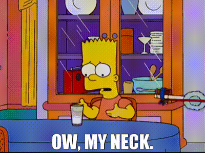 Bart Simpson Is Sitting At A Table Drinking A Glass Of Water And Saying Ow My Neck . GIF