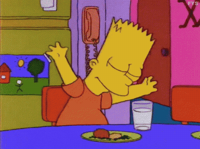 Bart Simpson Is Sitting At A Table With A Plate Of Food And A Glass Of Water .. GIF