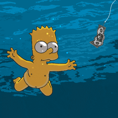 Bart Simpson Is Swimming In The Water While A Dollar Bill Is Hanging From A Hook GIF