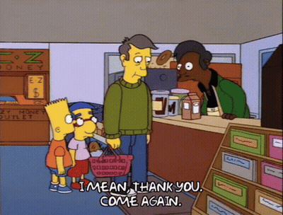 Bart Simpson Standing In Store Saying I Mean Thank You Come Again GIF